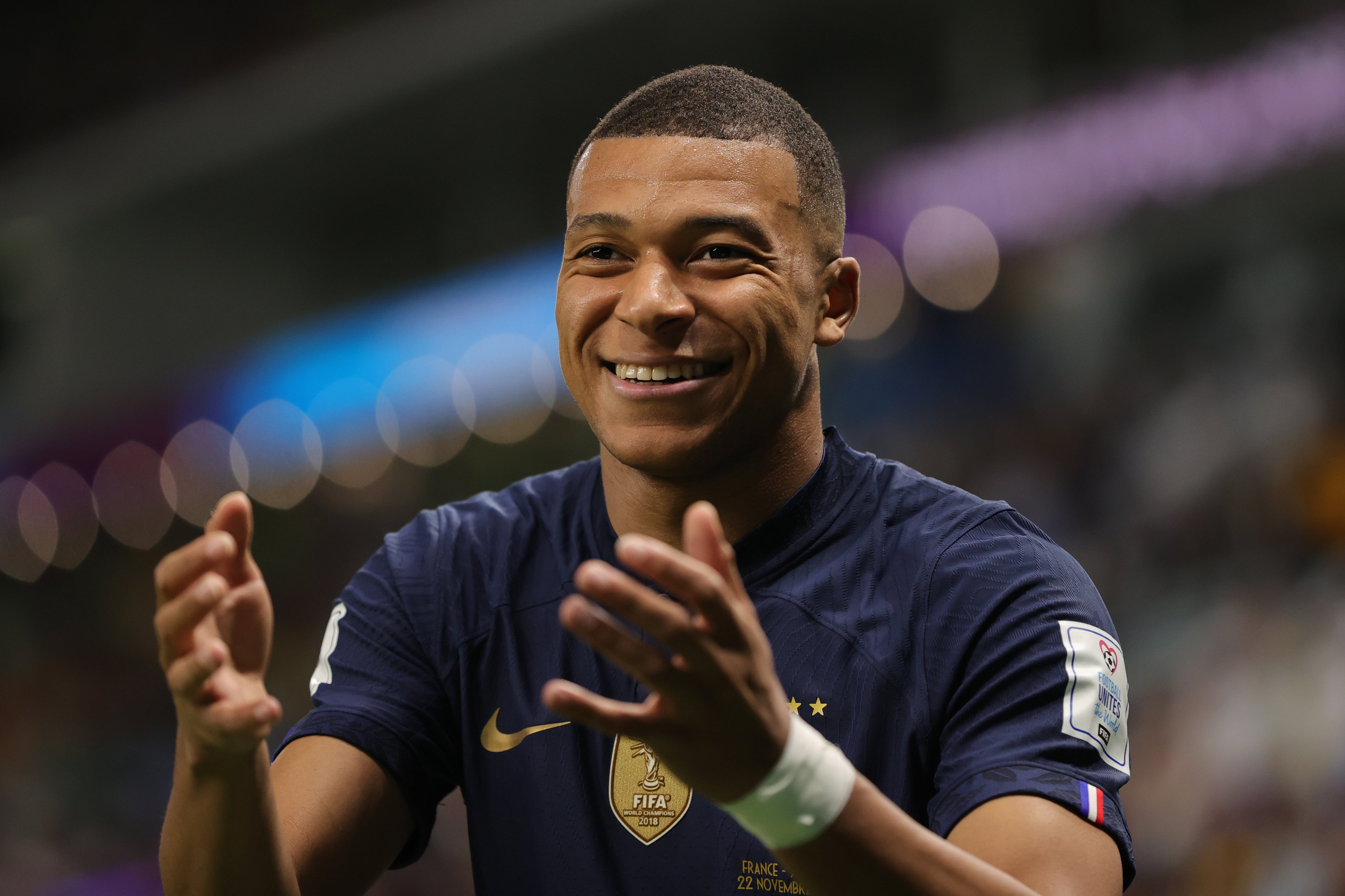 Kylian Mbappe celebrates nodding home France’s third goal against Australia