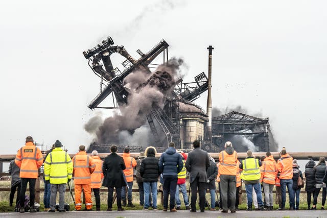 The Redcar blast furnace is brought down by controlled explosion (Danny Lawson/PA)