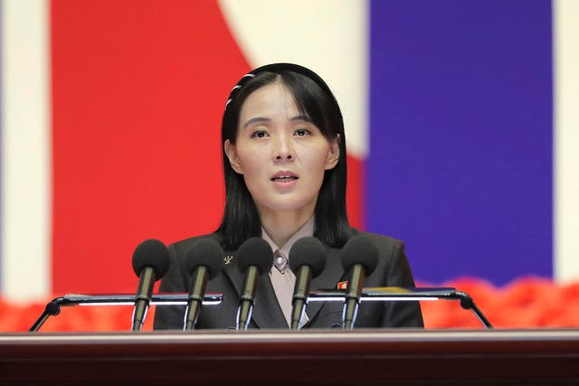 <p>Kim Yo-jong, sister of North Korean leader Kim Jong-un, delivers a speech during the national meeting  in Pyongyang, North Korea</p>