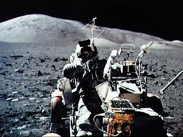 A picture by Eugene Cernan in 1972 shows Harrison Schmitt seated in a lunar buggy – it was the final lunar landing mission on the moon