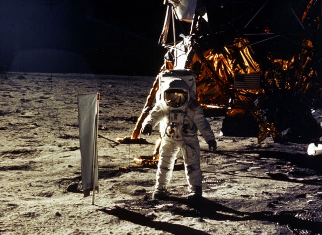 <p>Buzz Aldrin is photographed by Neil Armstrong during the first moon landing in 1969 </p>