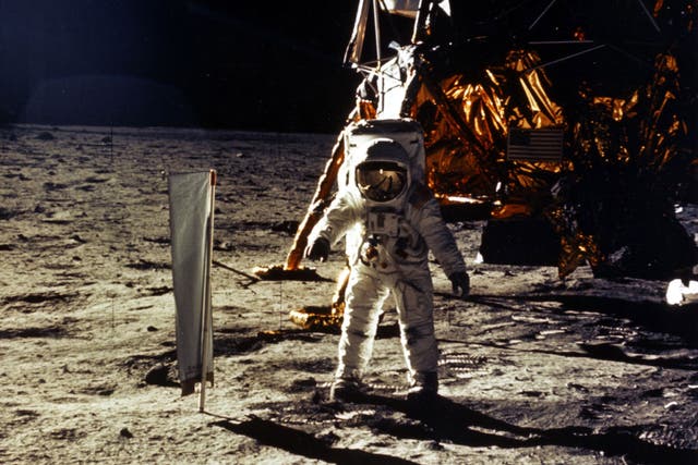 <p>Buzz Aldrin is photographed by Neil Armstrong during the first moon landing in 1969 </p>