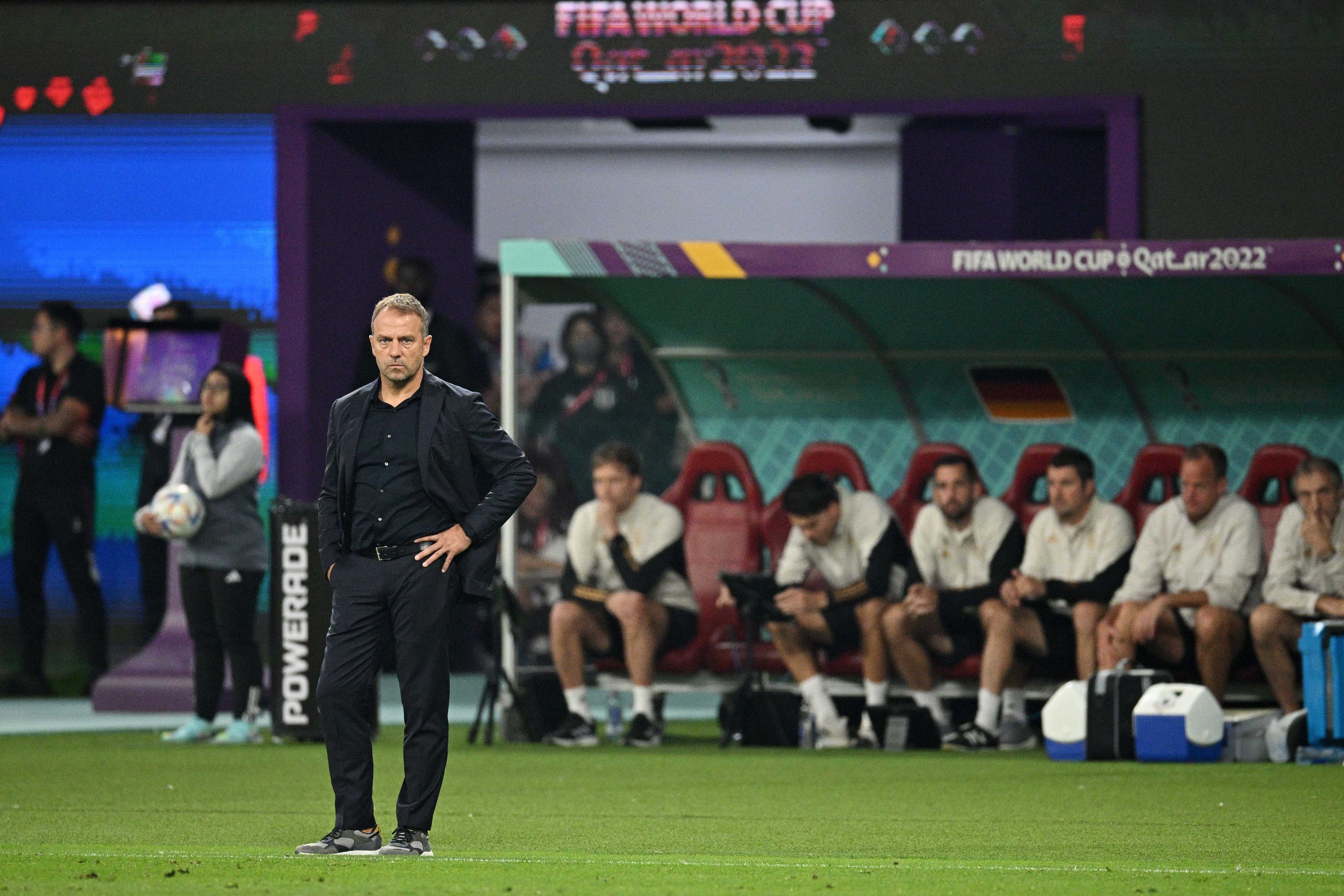 Germany head coach Hansi Flick reacts during his side’s loss to Japan