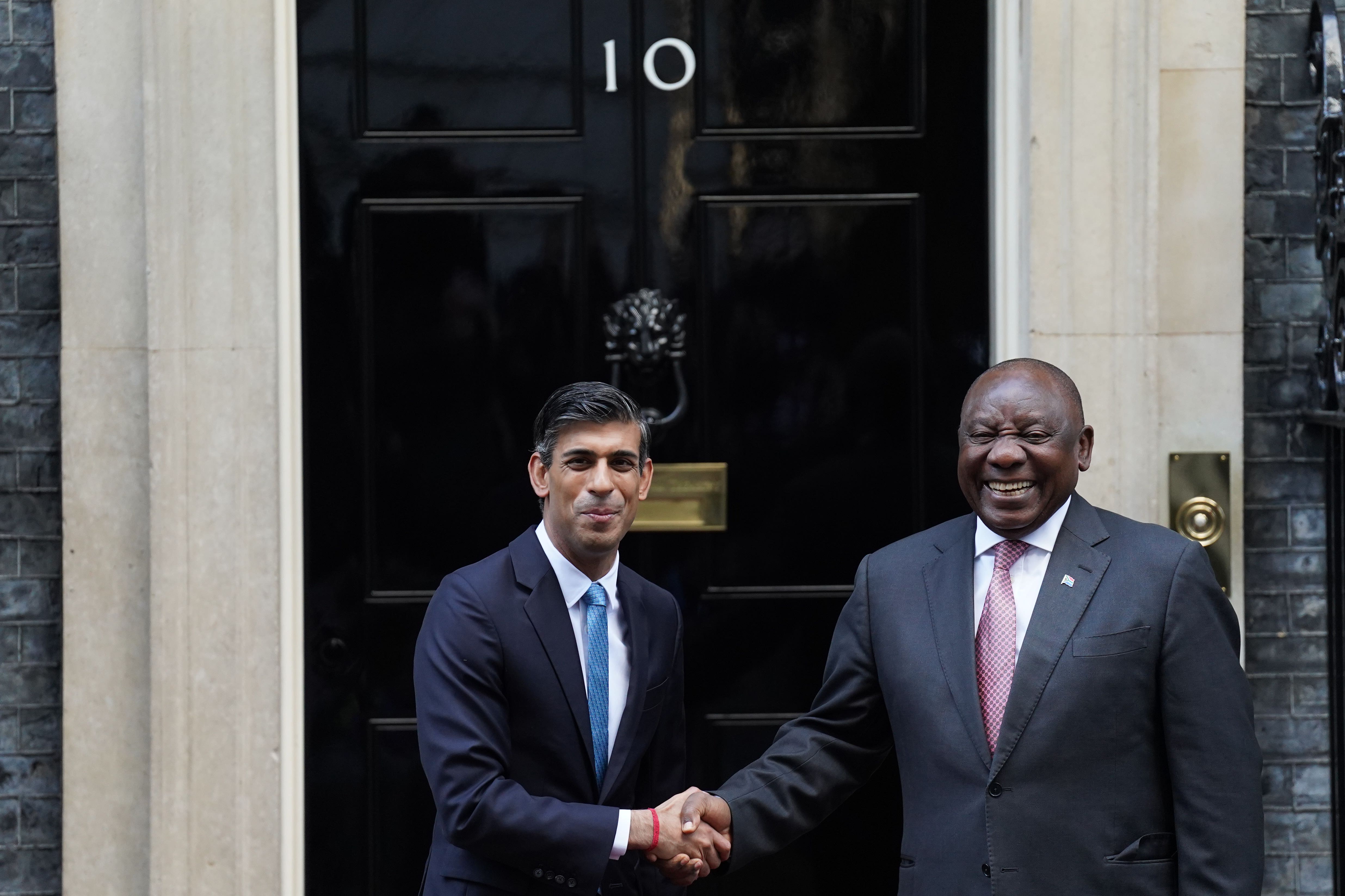 Prime Minister Rishi Sunak welcomes President Cyril Ramaphosa of South Africa outside 10 Downing Street, London, ahead of a bilateral meeting during his state visit to the UK (Stefan Rousseau/PA)