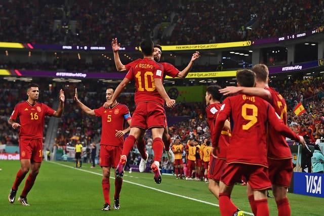 <p>Marco Asensio and Jordi Alba celebrate as Spain run riot against Costa Rica</p>