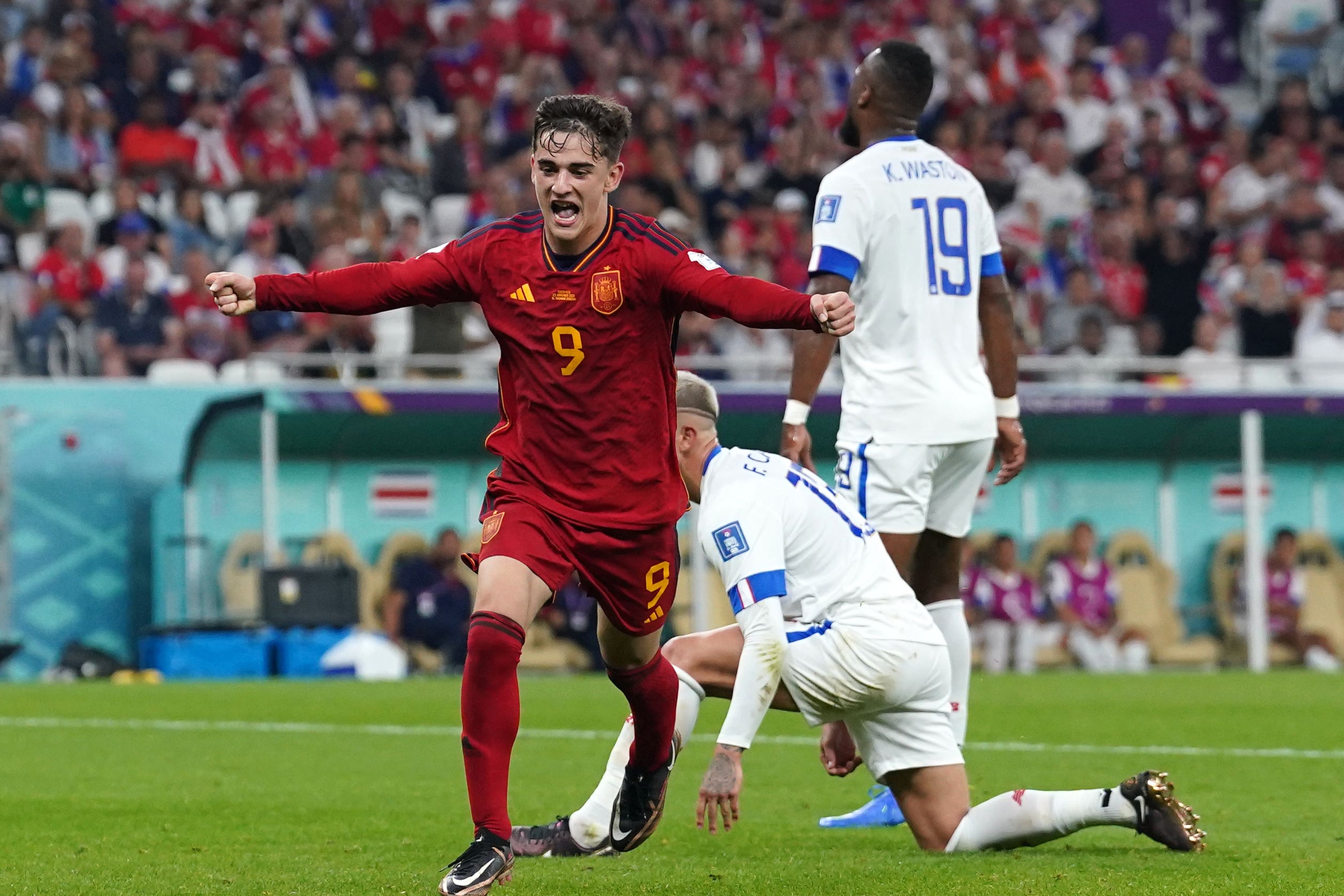 Gavi celebrates scoring Spain’s fifth goal in their 7-0 thrashing of Costa Rica (Adam Davy/PA)