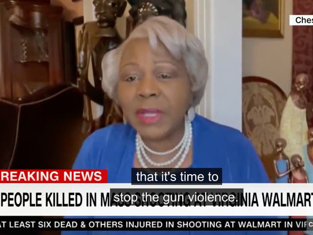 <p>Virginia state senator Louise Lucas speaking about gun crime on CNN following mass shooting at Walmart store in Chesapeake</p>