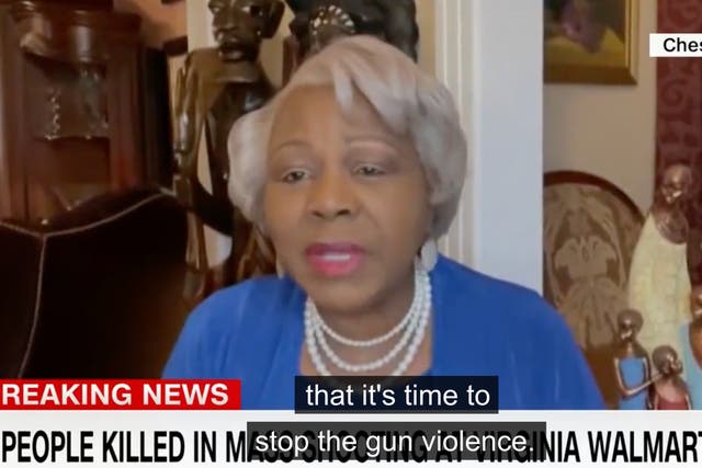 <p>Virginia state senator Louise Lucas speaking about gun crime on CNN following mass shooting at Walmart store in Chesapeake</p>