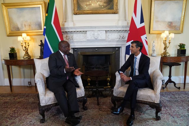 Prime Minister Rishi Sunak welcomes President Cyril Ramaphosa of South Africa to 10 Downing Street, London, ahead of a bilateral meeting during his state visit to the UK. Picture date: Wednesday November 23, 2022.