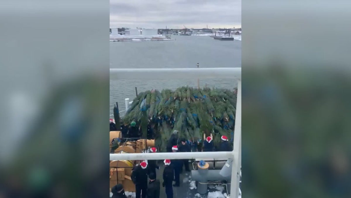 Michigan high school students load 1,200 Christmas trees onto ship bound for Chicago