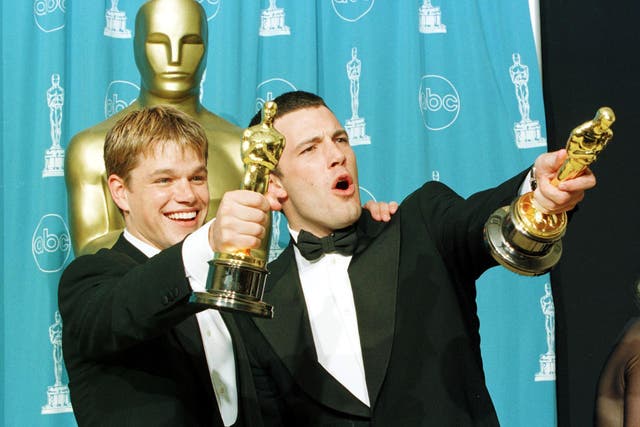 <p>Matt Damon and Ben Affleck with their Oscars for ‘Good Will Hunting’ in 1998</p>