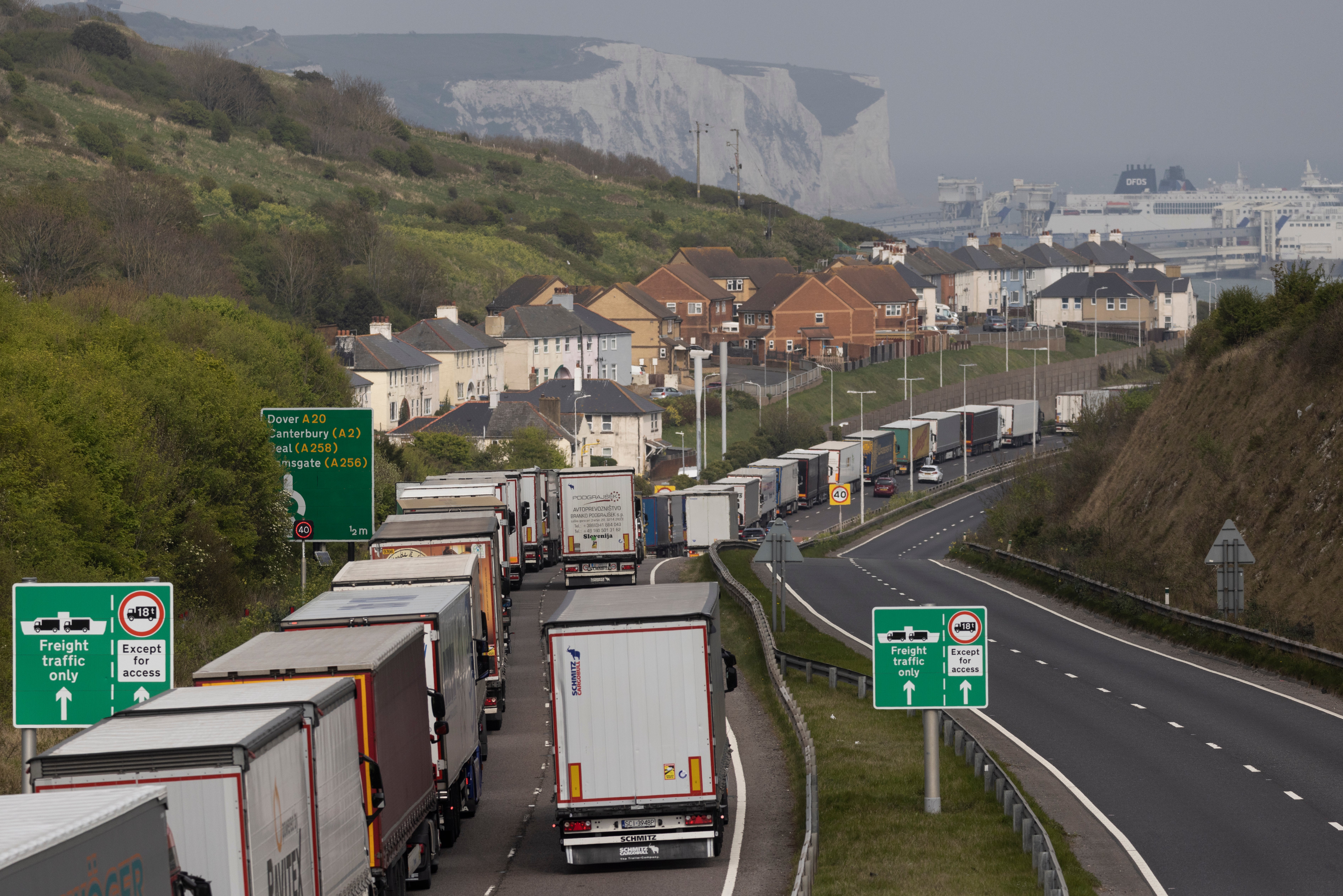 Lorries queue to enter Dover, a visible sign of the cost of Brexit