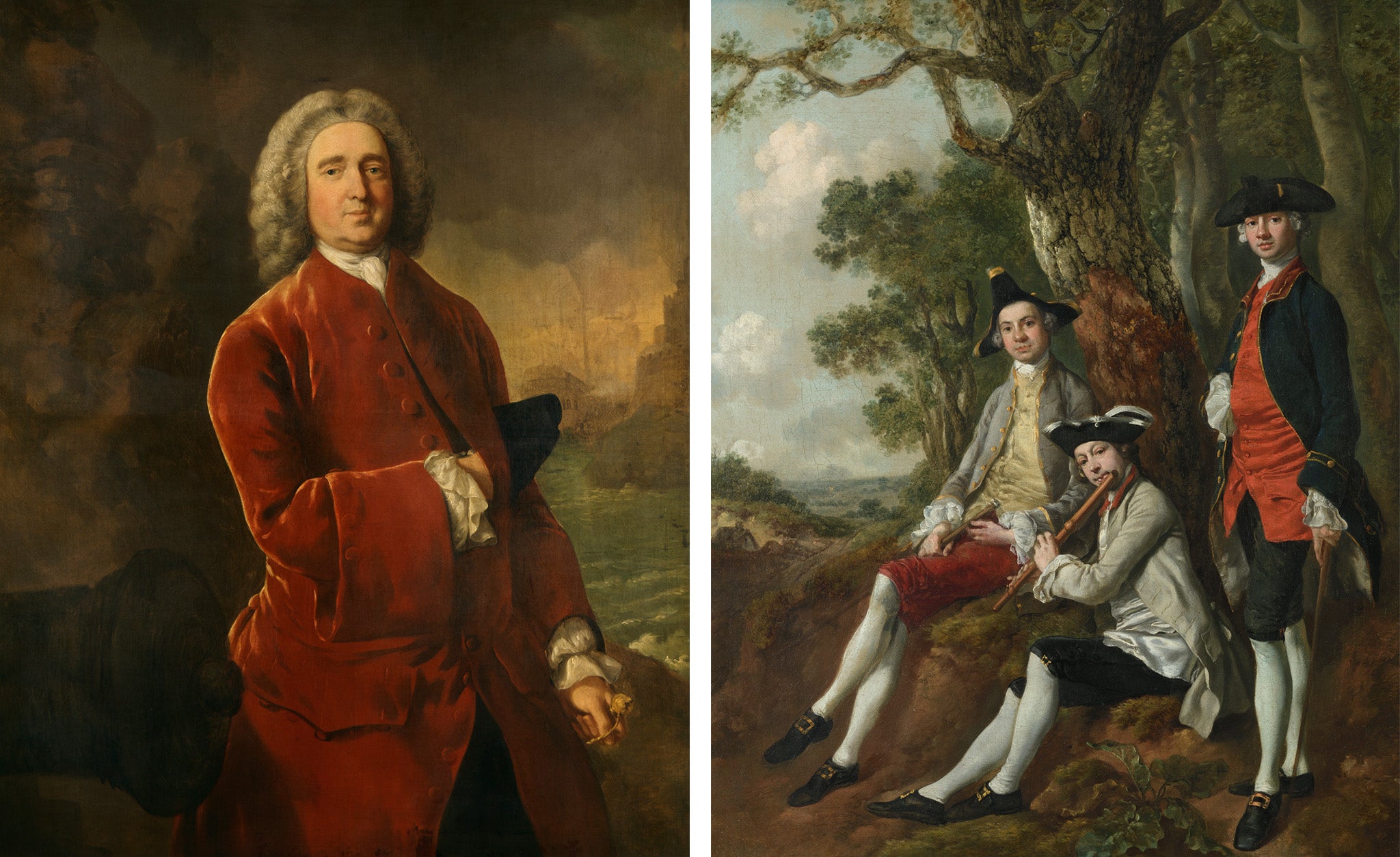 Edward Vernon, c 1753 (left), Peter Darnell Muilman, Charles Crockatt and William Keable in a landscape, c1750 (right)