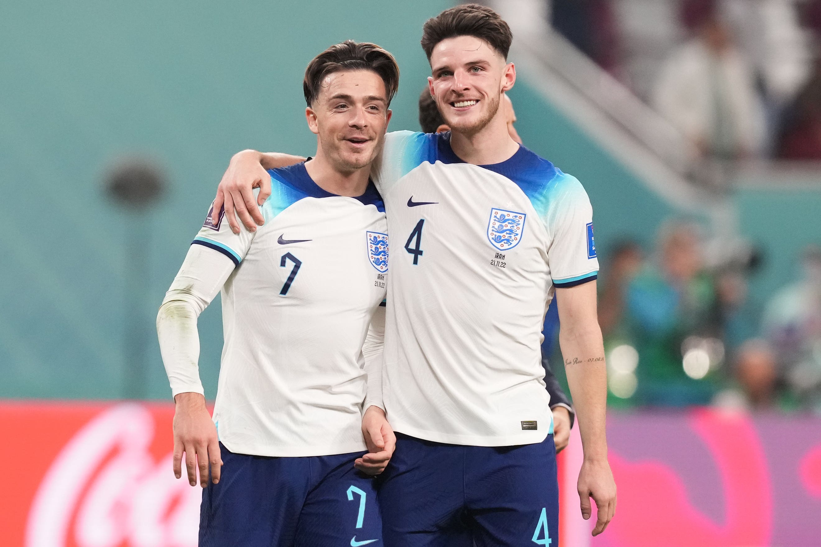 Jack Grealish (left) celebrates with Declan Rice after England’s win over Iran (Martin Rickett/PA)