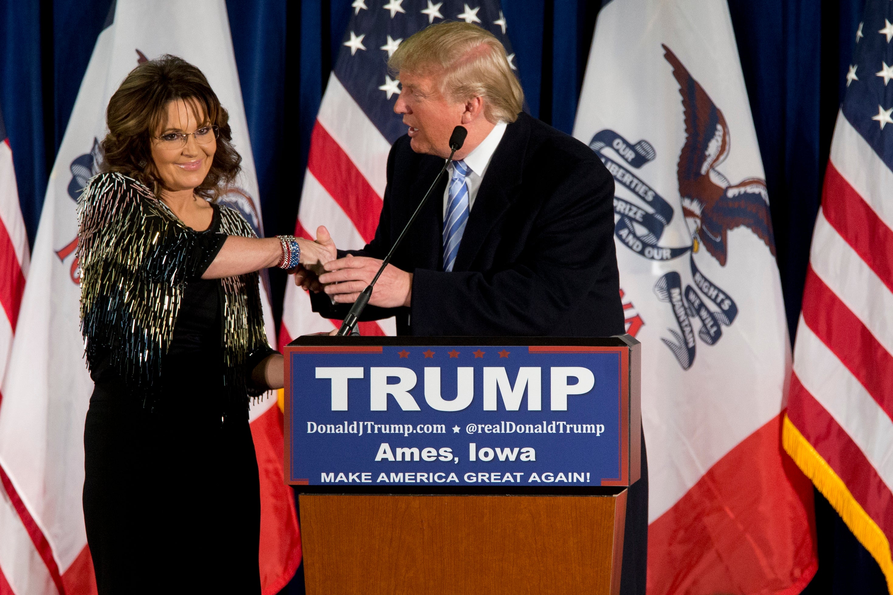 <p>Sarah Palin and Donald Trump are pictured in Iowa in 2016 </p>