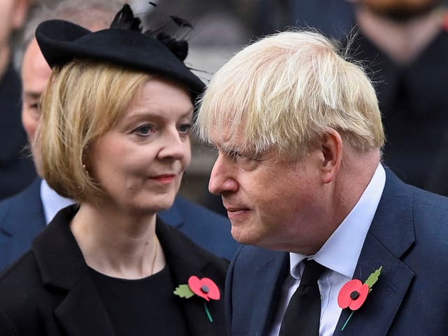 <p> Liz Truss and Boris Johnson attend the Remembrance Sunday ceremony at the Cenotaph</p>