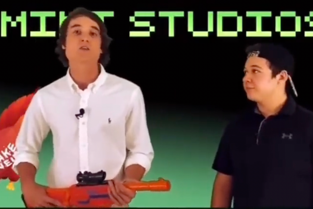 <p>Kyle Rittenhouse, right, appears in ad for video game called Turkey Shoot</p>