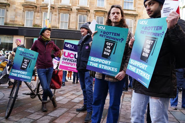 UCU members have walked out in a dispute over pay, conditions and pensions (Jane Barlow/PA)