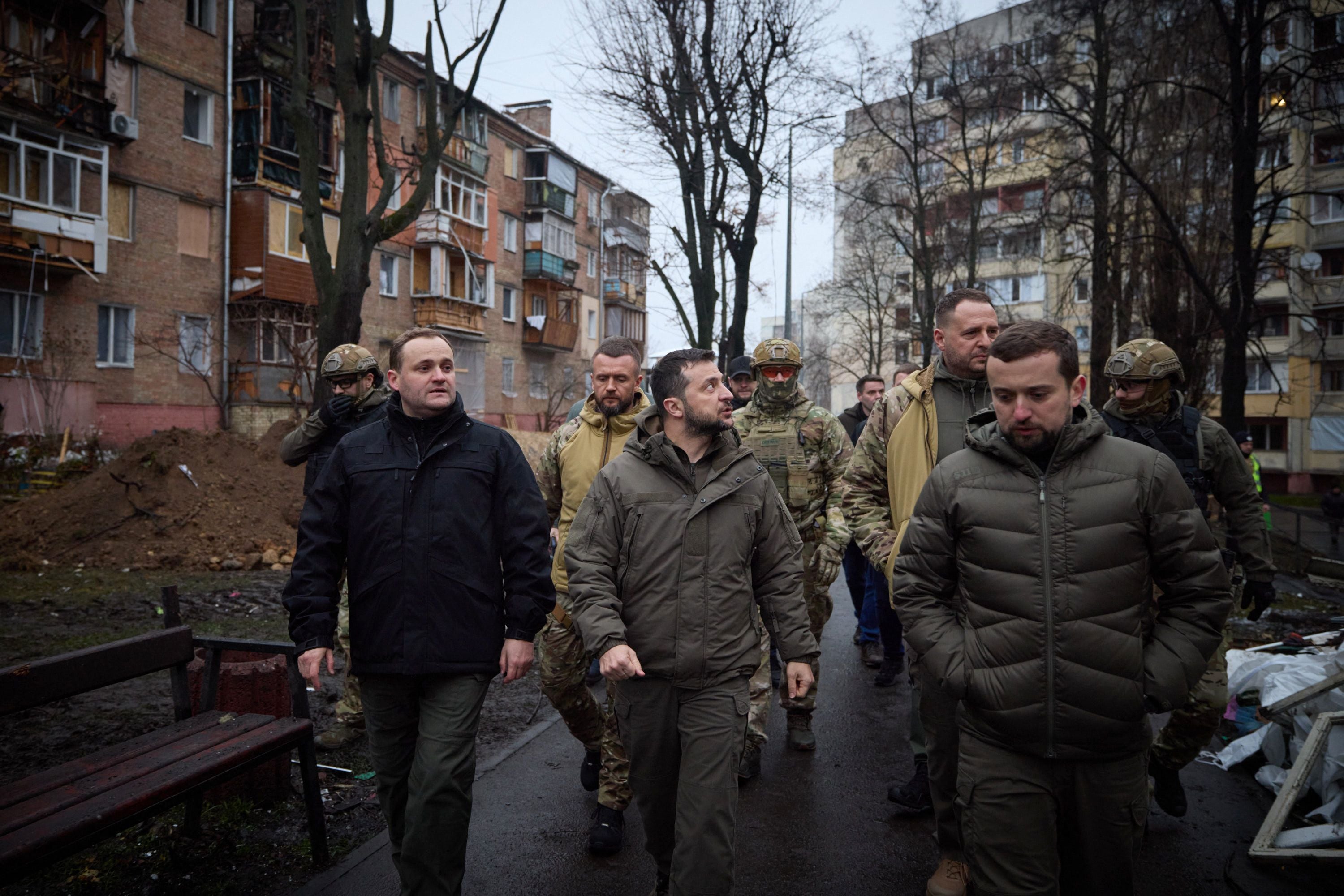 Volodymyr Zelensky inspects a residential building in Vyshgorod damaged in Russian missile attack