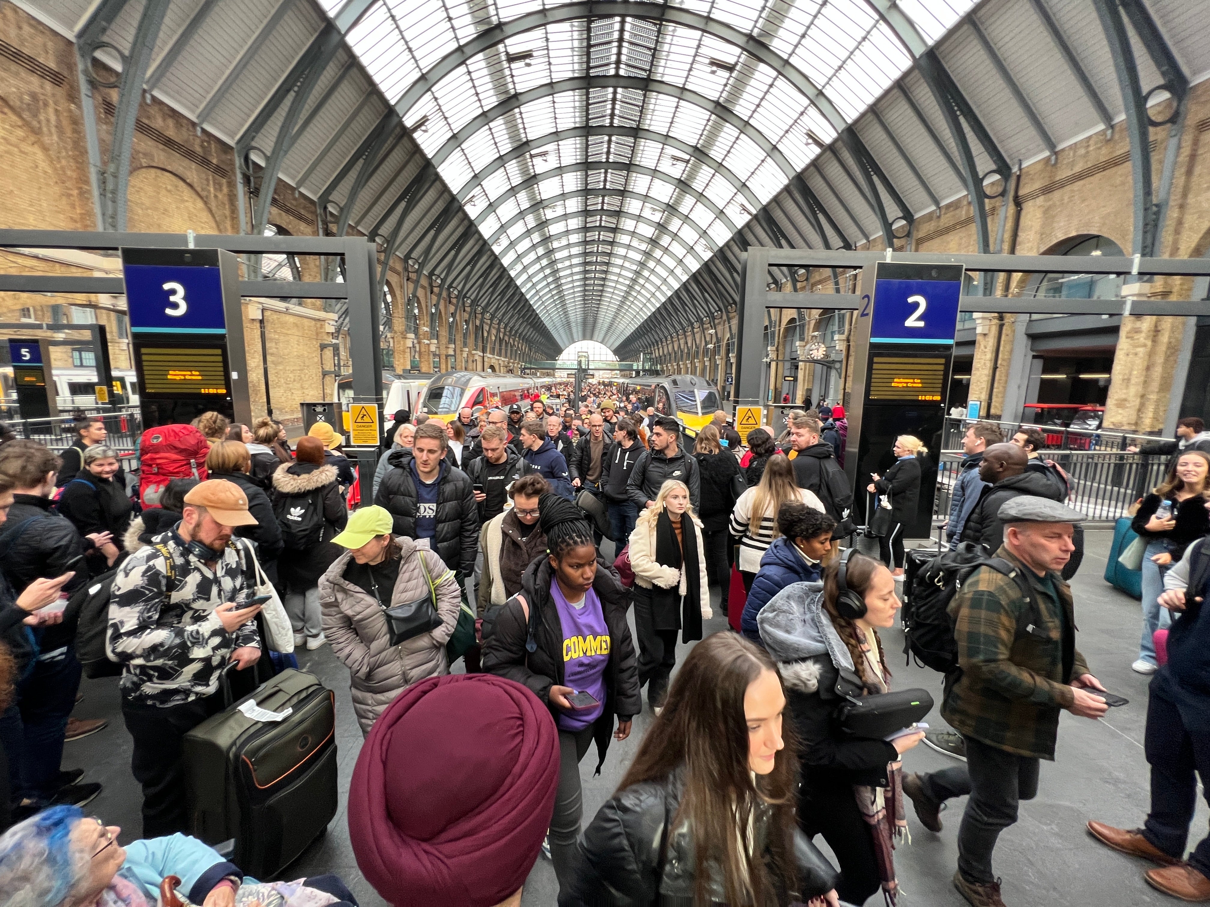 Travel turmoil: Passengers at London King’s Cross station, where the effects of the train drivers’ strike were exacerbated by a signalling failure