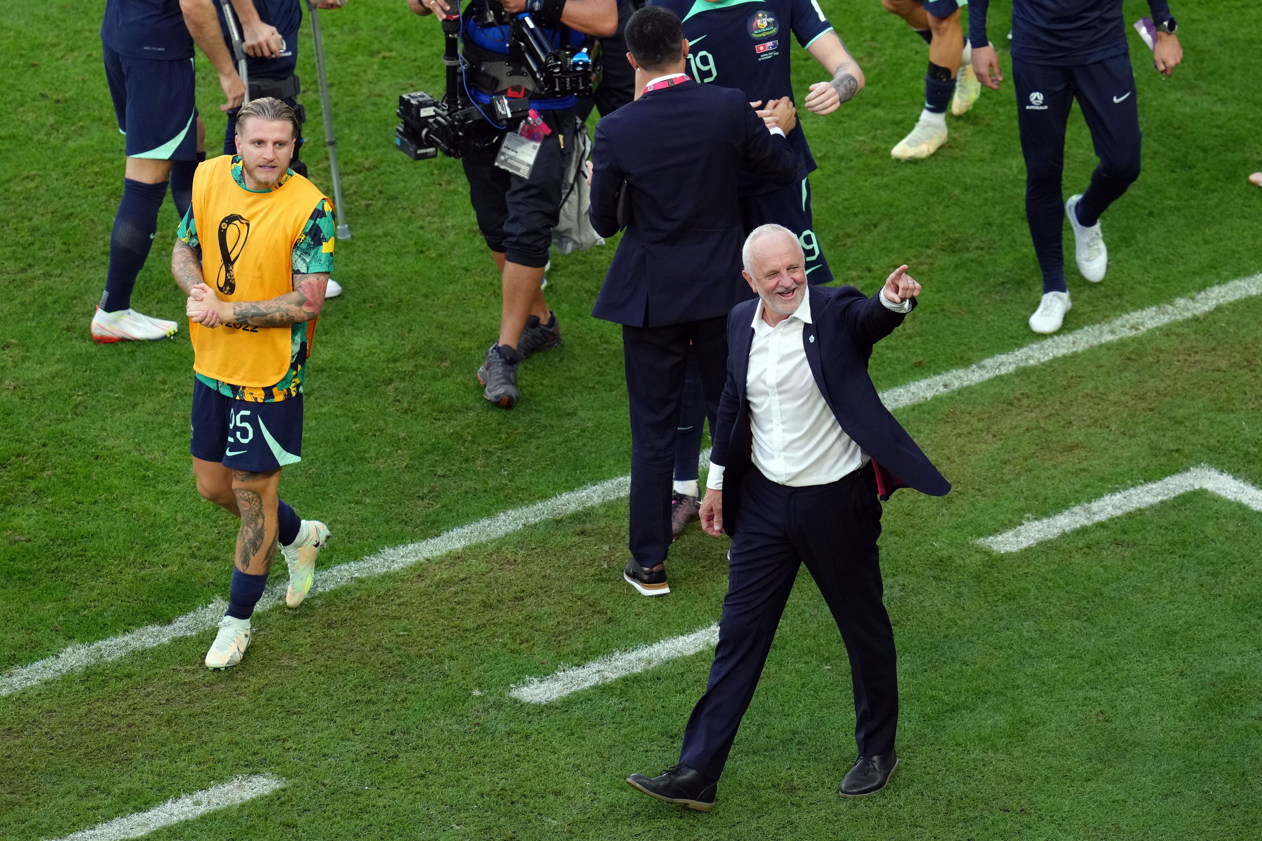 Australia manager Graham Arnold celebrates victory over Tunisia (Nick Potts/PA)