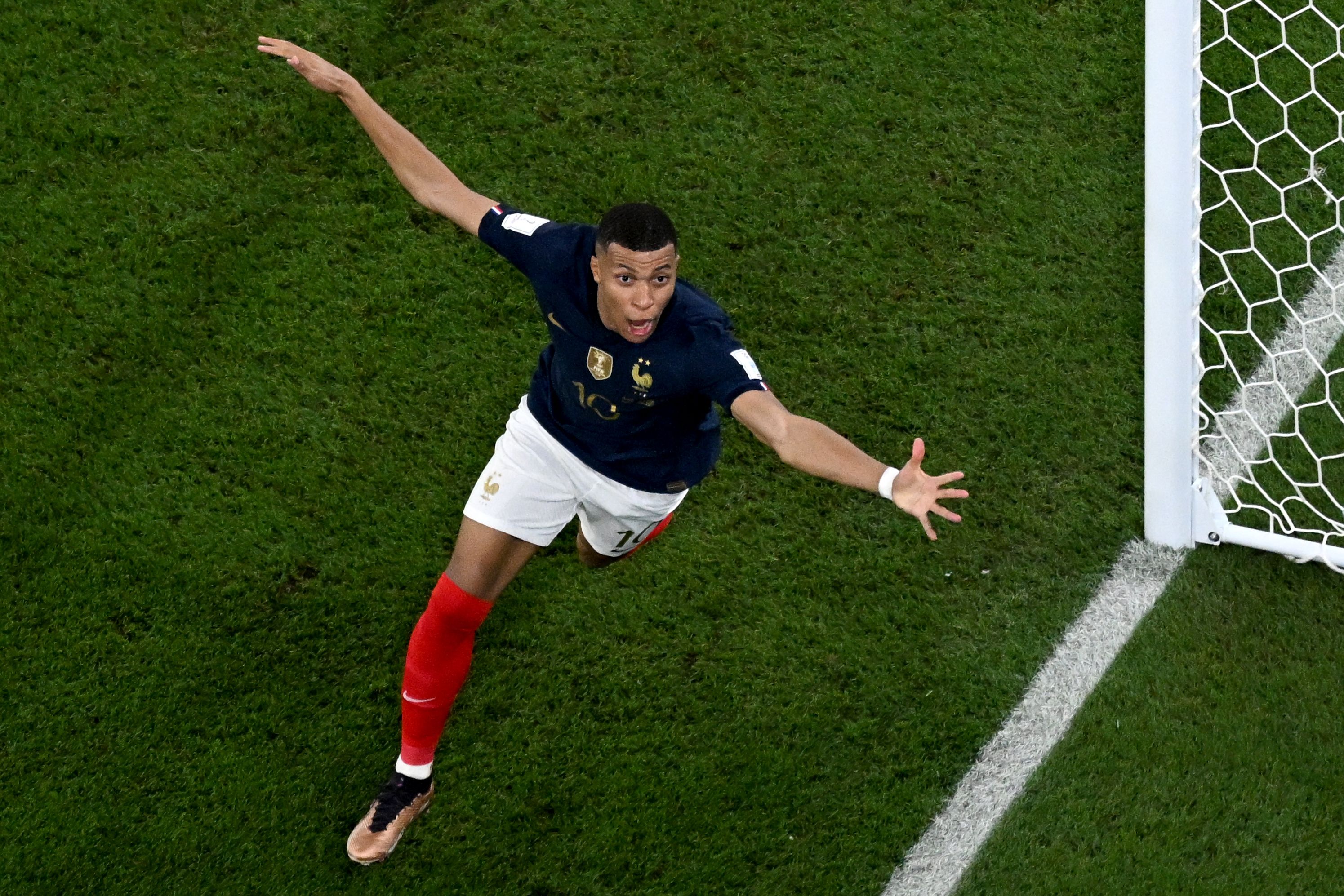 <p>Kylian Mbappe celebrates scoring France’s winning goal against Denmark</p>
