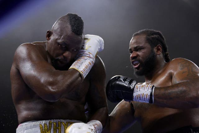 <p>Dillian Whyte, left, trades punches with Jermaine Franklin</p>
