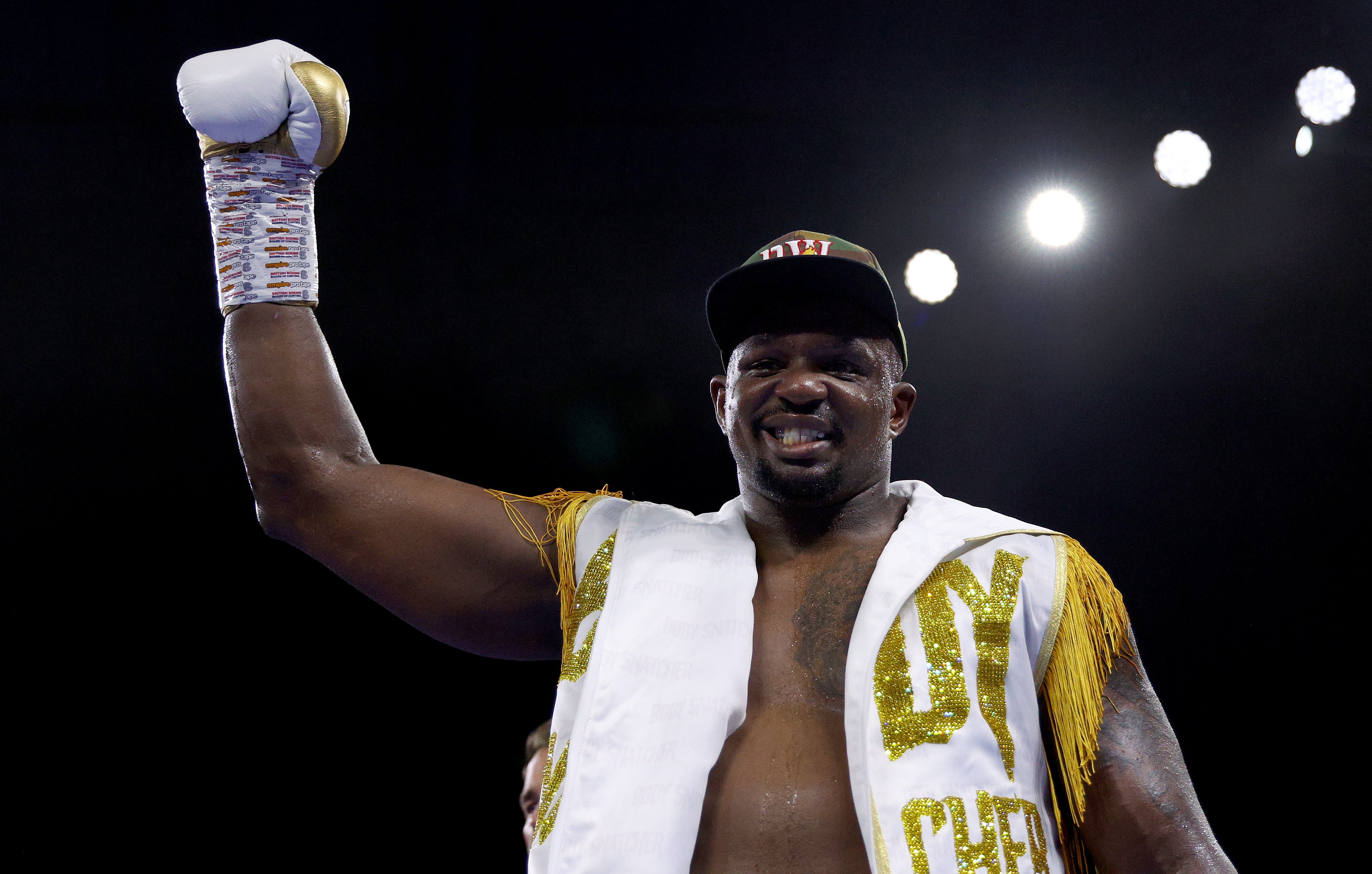Dillian Whyte of Great Britain cheers after defeating Jermaine Franklin