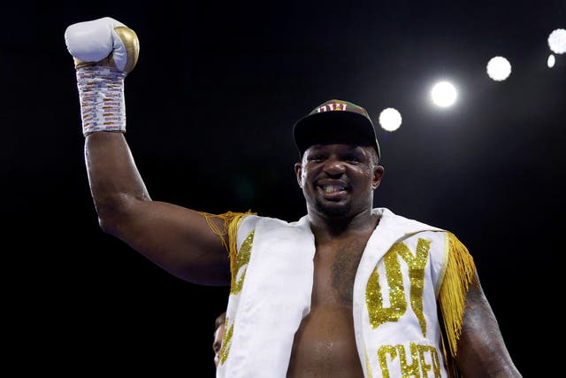 <p>Dillian Whyte of Great Britain cheers after defeating Jermaine Franklin</p>