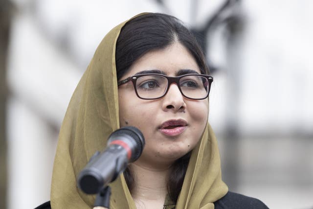 Malala Yousafzai speaks during a rally in Westminster, London, for the freedom of Afghan women and girls (Belinda Jiao/PA)