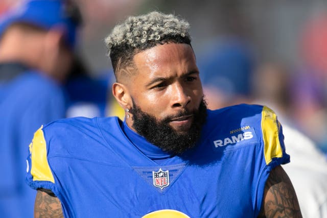 <p>File: Los Angeles Rams wide receiver Odell Beckham Jr walks on the sideline during a NFL divisional playoff football game against the Tampa Bay Buccaneers on 23 January 2022</p>