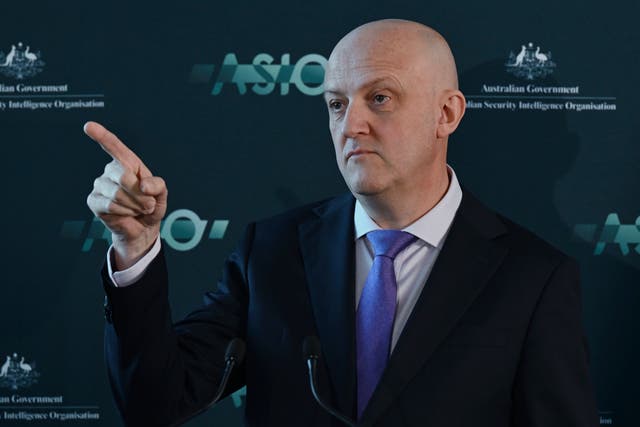 <p>Australian Security Intelligence Organization director-general Mike Burgess points as he talks in Canberra, Australia</p>