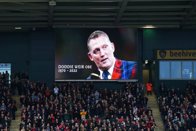 A tribute to the late Doddie Weir on the big screen ahead of the Gallagher Premiership match at Mattioli Woods Welford Road Stadium, Leicester. Scottish rugby international Doddie Weir died on Saturday at the age of 52 after being diagnosed with motor neurone disease (MND) in December 2016. Picture date: Sunday November 27, 2022.