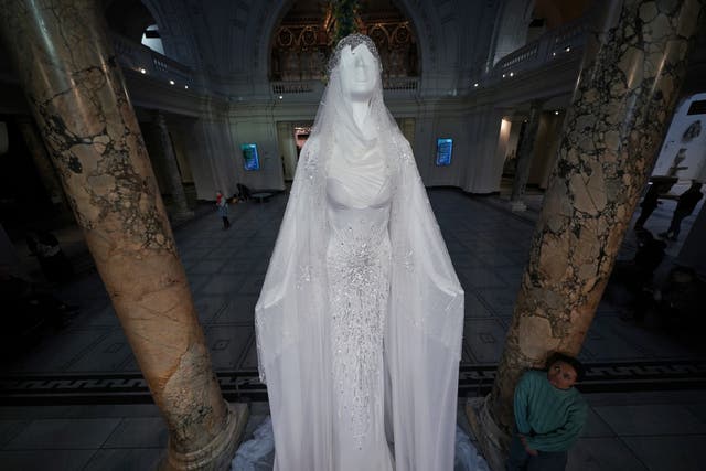 The unveiling of the couture Christmas tree installation, designed by London based Korean fashion designer Miss Sohee at the Victoria and Albert Museum in London (Yui Mok/PA)