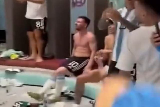 <p>Lionel Messi in the Argentina locker room after their win over Mexico</p>