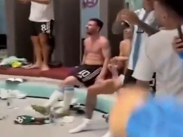 <p>Lionel Messi in the Argentina locker room after their win over Mexico</p>