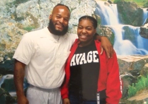 Corionsa “Khorry” Ramey, 19, with her father Kevin Johnson, Jr. who is about to be executed by the state of Missouri
