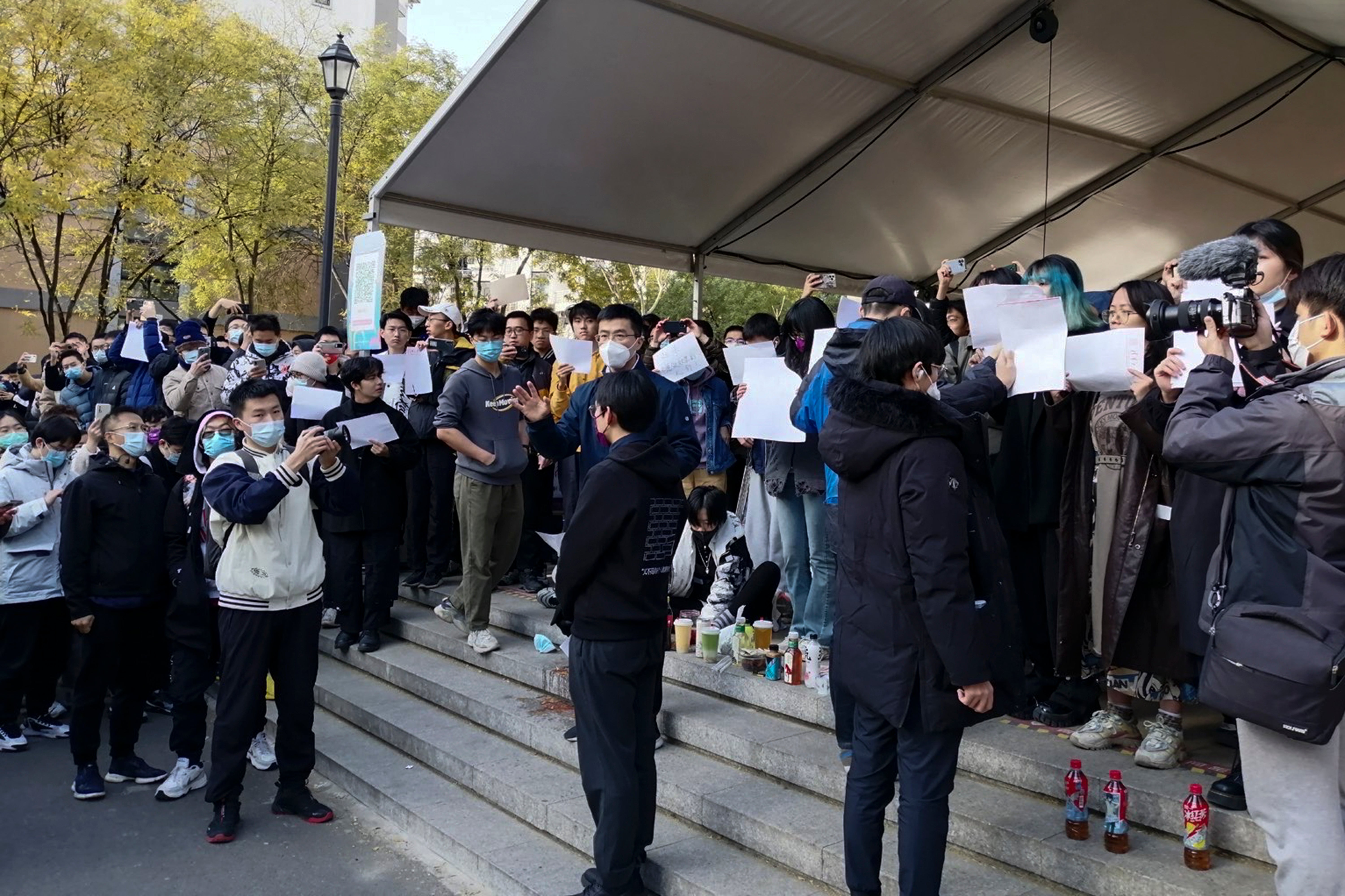 Students stage a protest at Tsinghua University in Beijing on Sunday