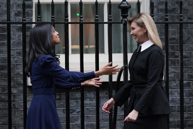 First Lady of Ukraine Olena Zelenska (right) is greeted by Rishi Sunak’s wife Akshata Murty outside 10 Downing Street during her visit to the UK (Yui Mok/PA)
