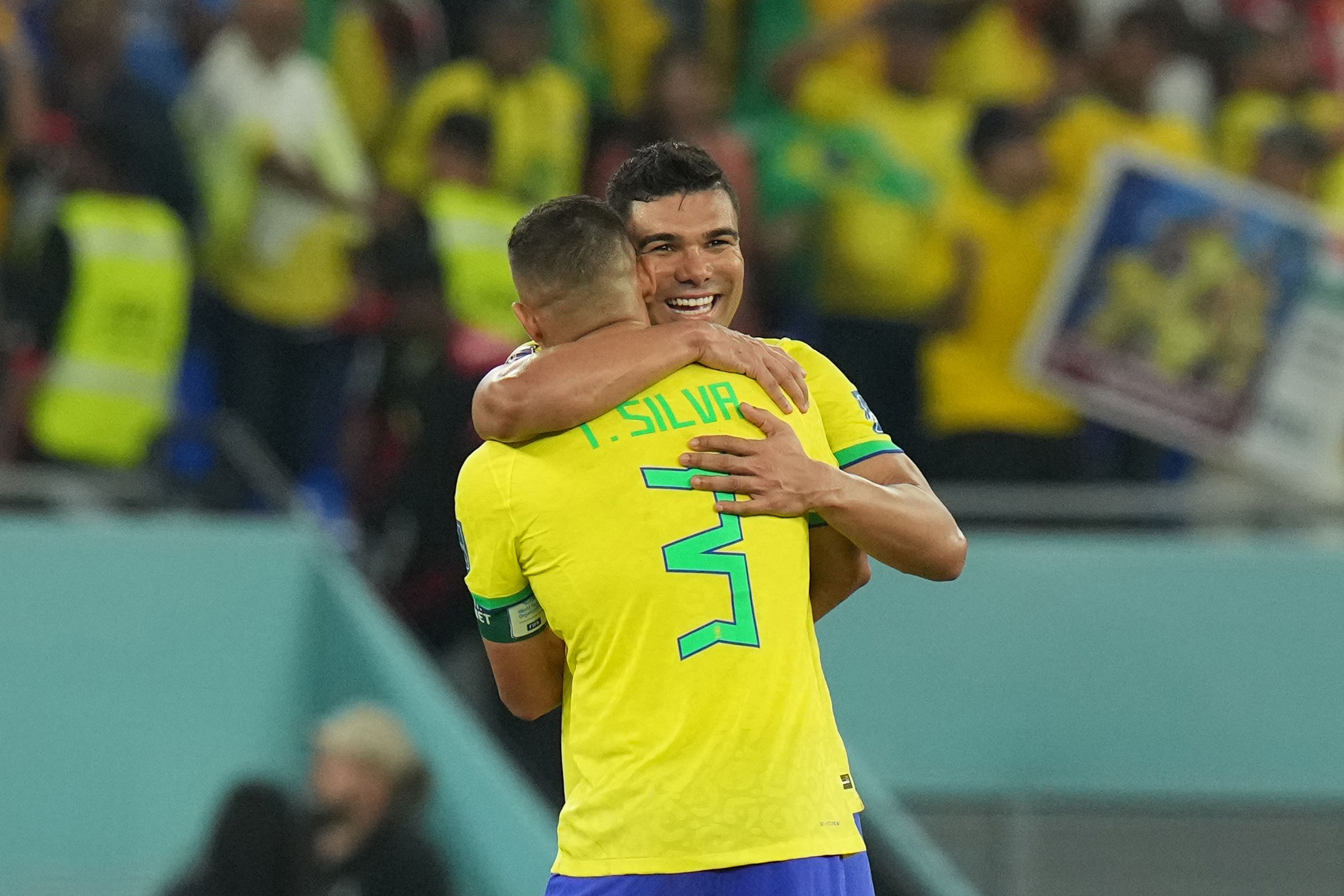 Brazil’s Casemiro and Thiago Silva celebrate after their side’s 1-0 win over Switzerland (Jonathan Brady/PA)