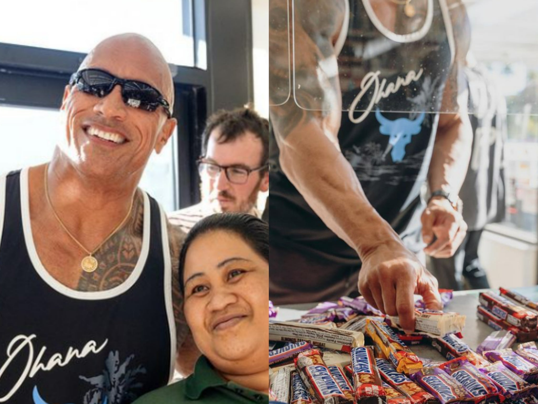 <p>Dwayne Johnson buys Snickers bars in childhood local store</p>