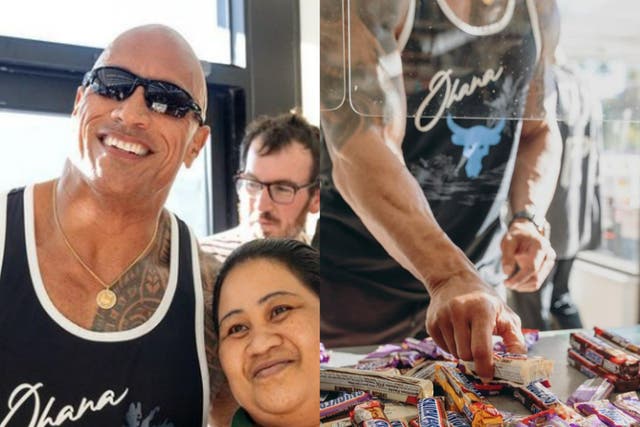 <p>Dwayne Johnson buys Snickers bars in childhood local store</p>