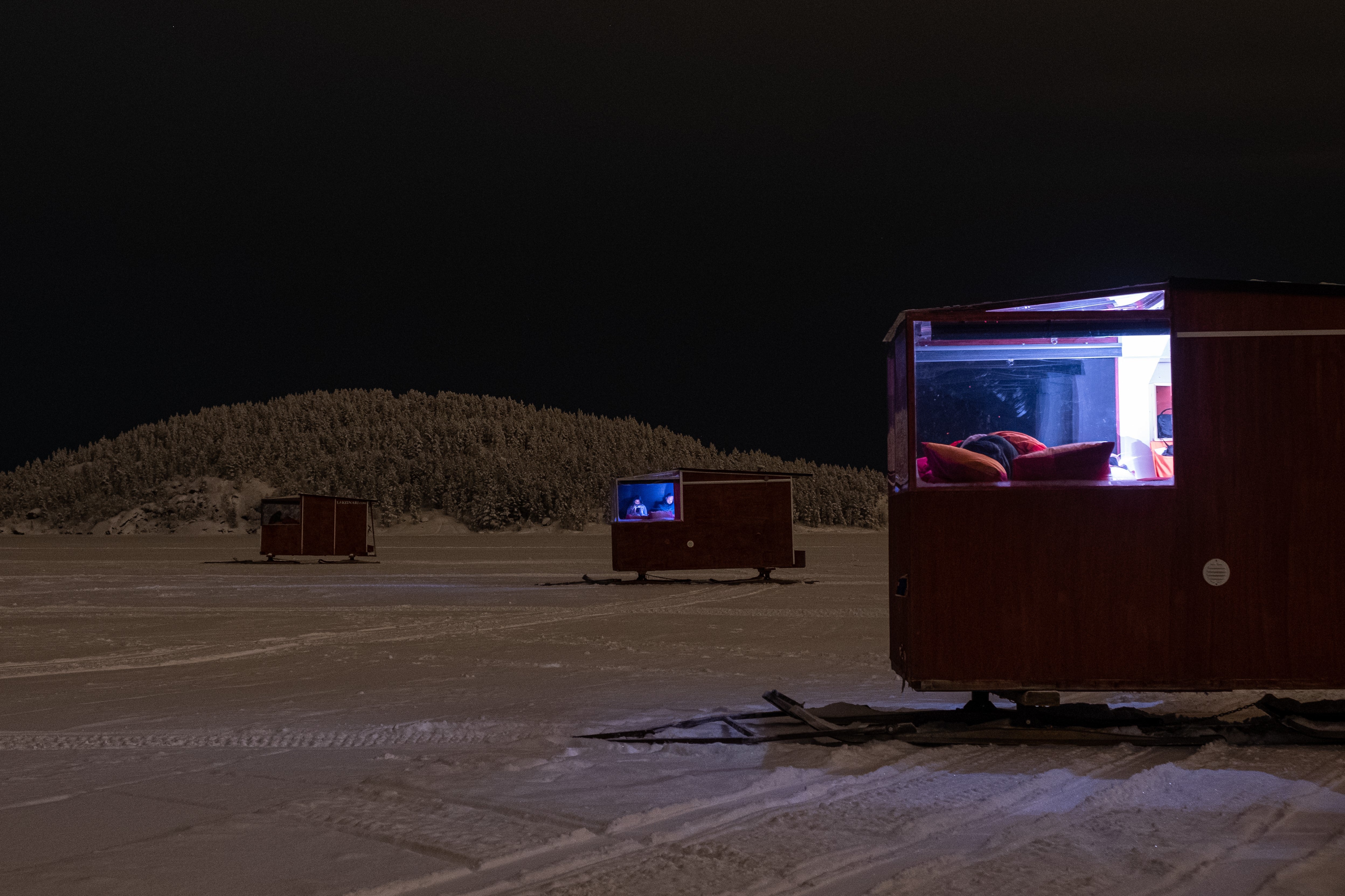 Heated Mobile Cabins offer the chance to sleep on the frozen lake