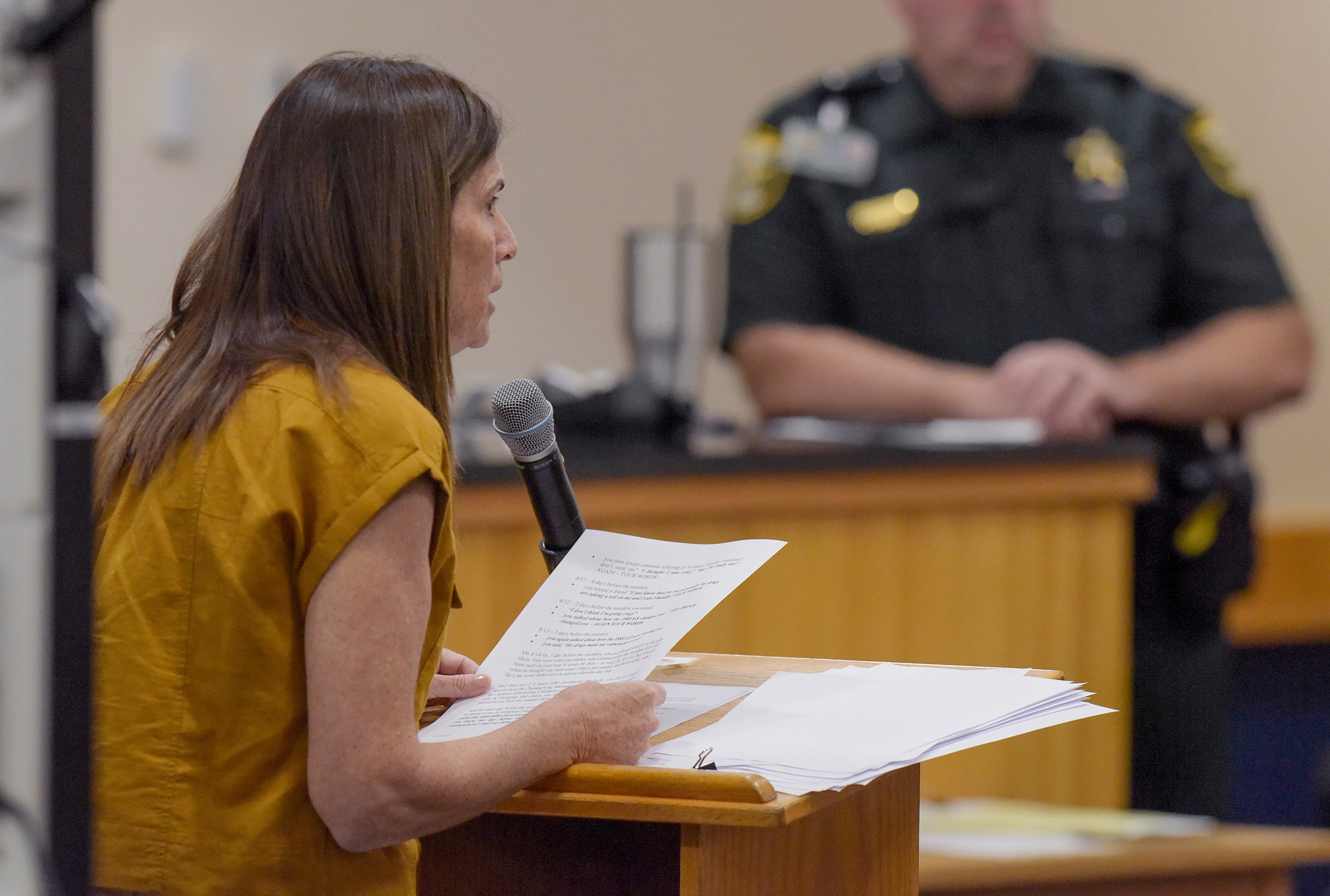 Cindy Mishcon, sister of murder victim Michelle Mishcon, reads her statement about Austin Harrouff during a court proceeding at the Martin County Courthouse on Monday.