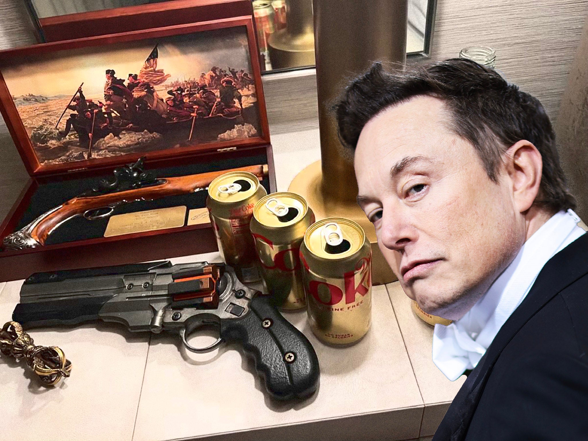 Elon Musk tweeted a photo of items on his bedside table, including gun replicas and empty Coca-Cola cans