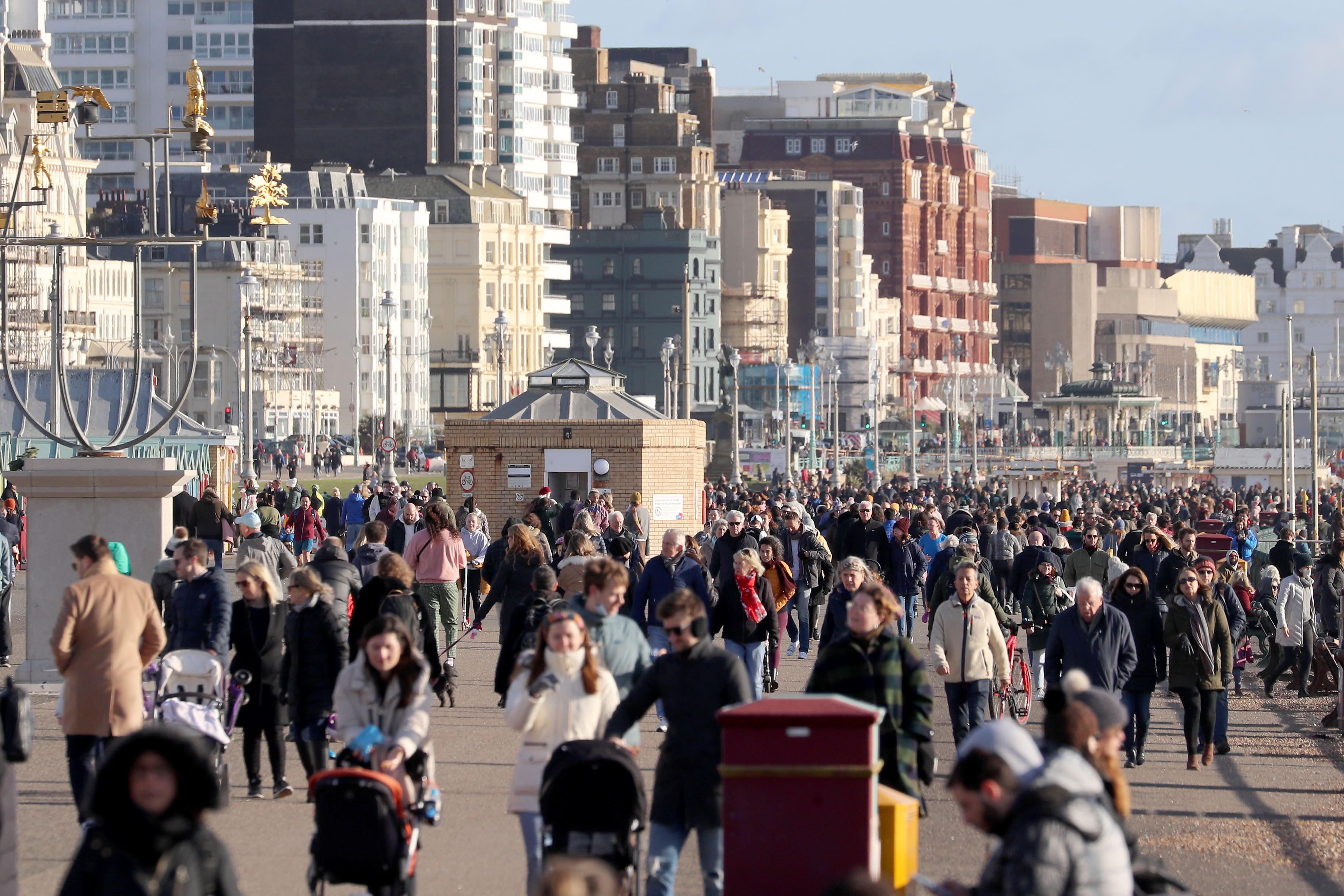 People on the sea front in Brighton during England’s third national lockdown to curb the spread of coronavirus.
