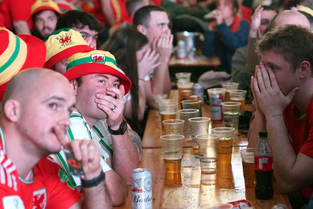 Welsh fans looking dejected at the Swansea Fan Park in Singleton Park, during a screening of the FIFA World Cup Group B match between England and Wales. Picture date: Tuesday November 29, 2022.