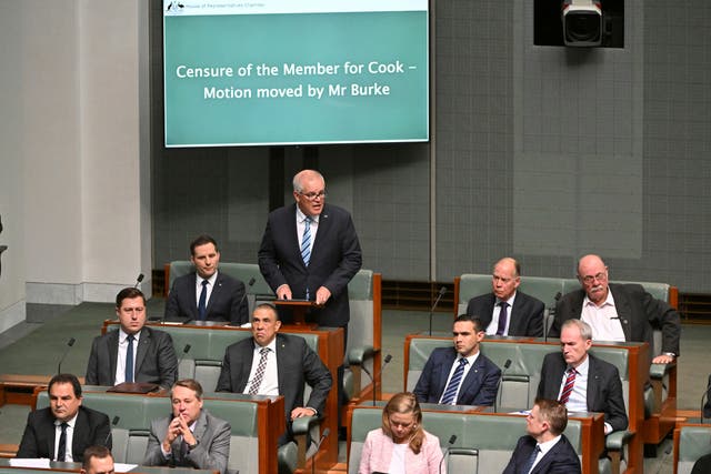 <p>Former Australian PM Scott Morrison speaks during a censure motion against him in the House of Representatives at Parliament House in Canberra on 30 November </p>
