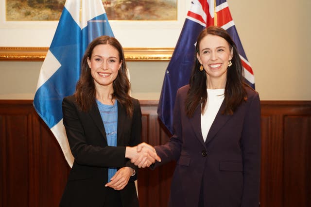 <p>Finlands Prime Minister Sanna Marin shakes hands with New Zealand’s Prime Minister Jacinda Ardern during a bilateral meeting in Auckland</p>