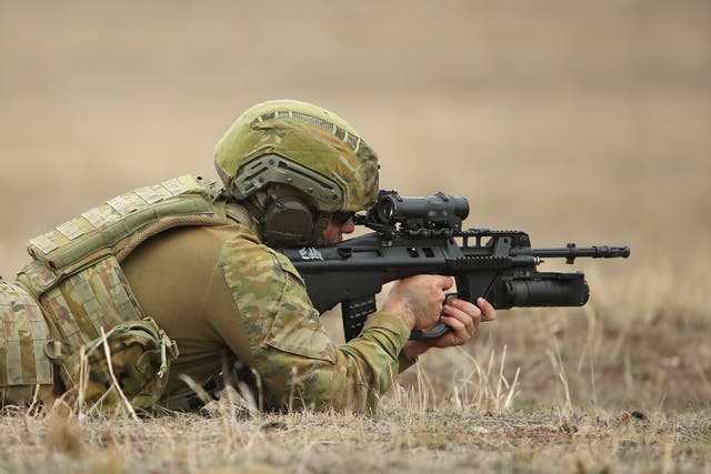 <p>An Australian Army soldier fires a EF88 Austyer rifle on 9 May 2019 in Seymour, Australia</p>